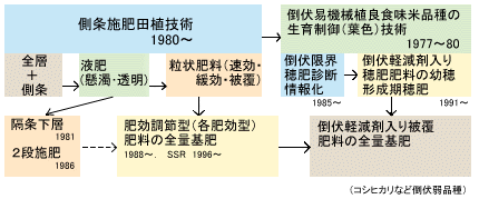 図２：田植え機械化（1970～）、良食味品種全盛、省力化時代における、多目的追求、施肥技術の流れ