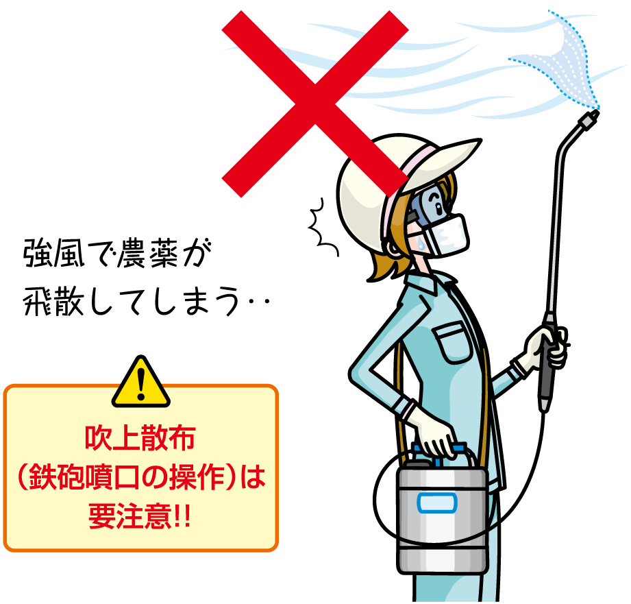 強風で農薬が飛散してしまう…。吹上散布（鉄砲噴口の操作）は要注意！