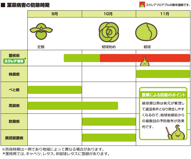 図：葉菜病害への防除時期